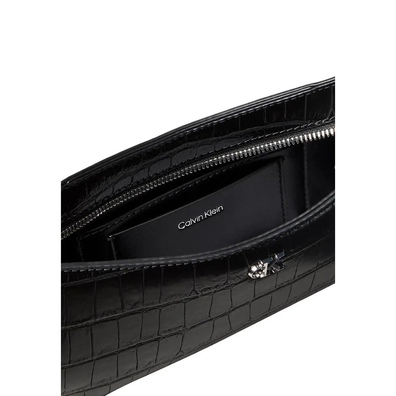 Calvin Klein Schwarze Damen-Schultertasche aus Polyurethan mit Krokodilprägung, silberfarbenem Reißverschluss und Beschlägen