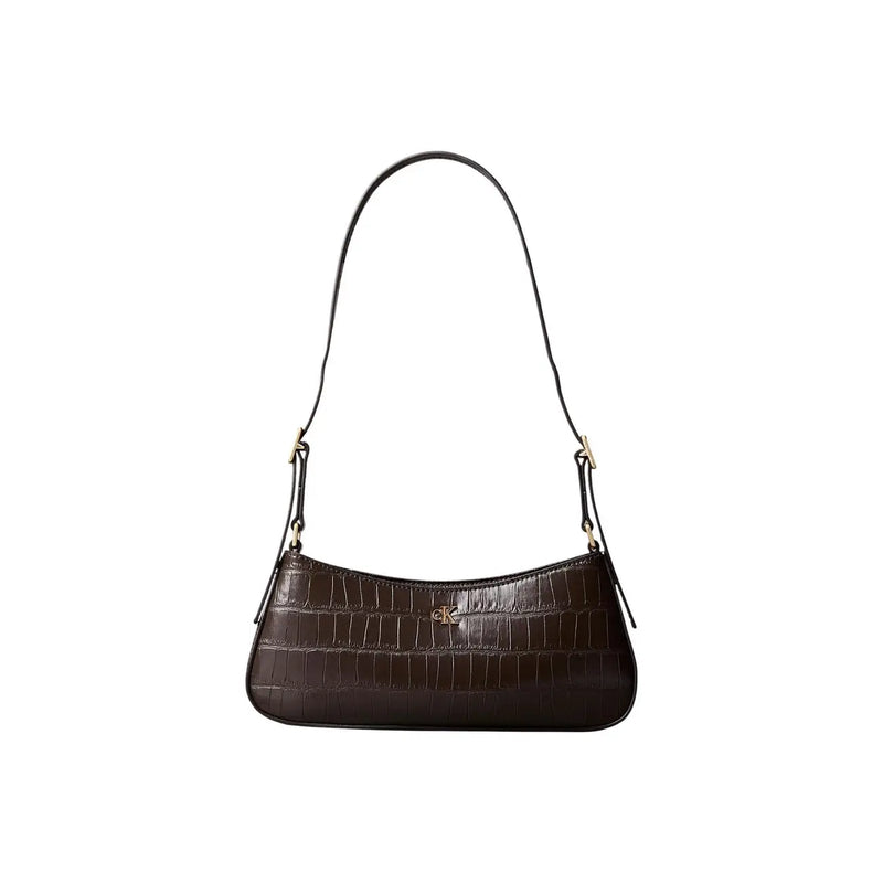 Calvin Klein Schwarze, kleine Damen-Schultertasche aus Polyurethan mit dunkelbrauner Krokodilprägung und goldfarbenen Beschlägen