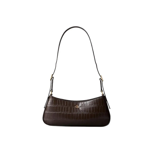 Calvin Klein women black polyurethane small shoulder bag with dark brown crocodile texture and gold-tone hardware