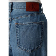 Blaue Baumwoll-Jeans für Damen mit braunem Leder Calvin Klein Markenlogo am hinteren Bund