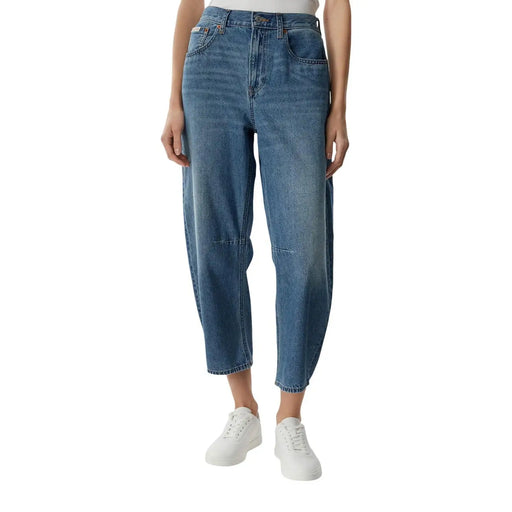 Calvin Klein Damen-Jeans aus blauem Baumwoll-Denim mit hohem Bund, lockerer Passform und verkürztem Saum in mittlerer Waschung