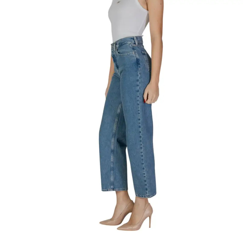 Women’s light blue high-waisted wide-leg cropped cotton jeans from Calvin Klein Spring Summer collection