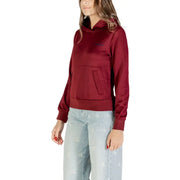 Calvin Klein women bordeaux hooded fall winter sweatshirt maroon satin hoodie with front pocket and subtle chest branding