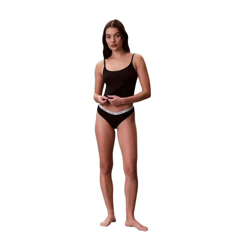 Calvin Klein Schwarze Damenunterwäsche aus brasilianischer Baumwolle mit weißem Gummibund und Markenlogo, 3er-Packung