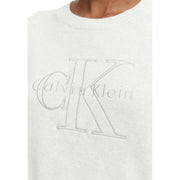 Calvin Klein Weißer Damen-Strickpullover aus Baumwolle mit Rundhalsausschnitt und dezent gesticktem CK-Logo in hellgrauem Garn