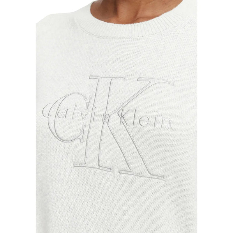 Calvin Klein Weißer Damen-Strickpullover aus Baumwolle mit Rundhalsausschnitt und dezent gesticktem CK-Logo in hellgrauem Garn