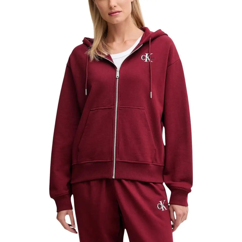 Maroon Calvin Klein women cotton zip-up hoodie with white embroidered logo and matching drawstrings