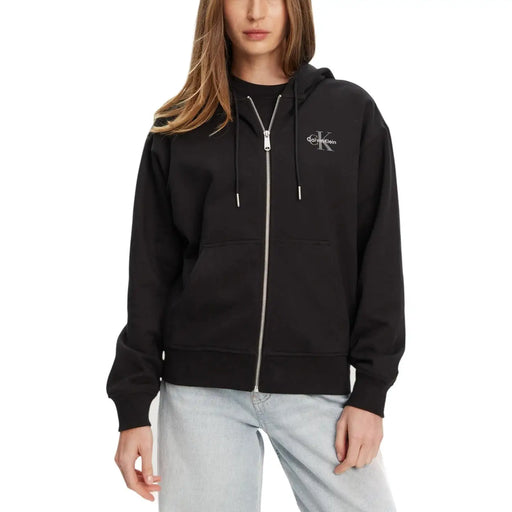 Schwarzer Calvin Klein Damen-Baumwoll-Hoodie mit Reißverschluss, silbernem Reißverschluss und gesticktem Logo auf der Brust