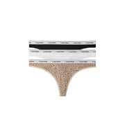 Calvin Klein Damen-Baumwoll-Tangas in Schwarz, Weiß und Beige mit Leopardenmuster und Markenbund, 3er-Pack