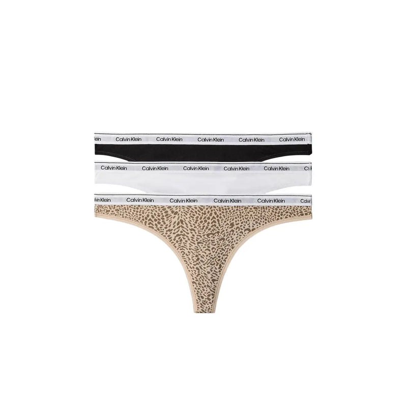 Calvin Klein Damen-Baumwoll-Tangas in Schwarz, Weiß und Beige mit Leopardenmuster und Markenbund, 3er-Pack