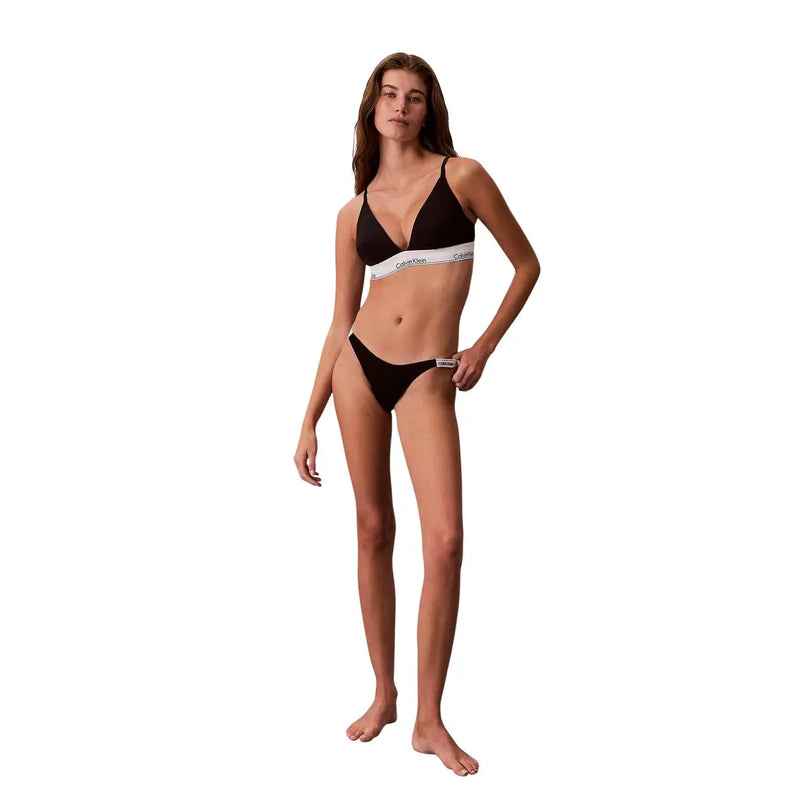 Schwarzes Calvin Klein Bikini-Set mit Baumwoll-Triangel top mit weißem Gummiband und passendem String-Unterteil