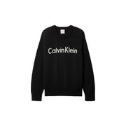 Schwarz Calvin Klein Damenstrickpullover mit weißem, gesticktem Logo, Rundhalsausschnitt, aus Baumwolle
