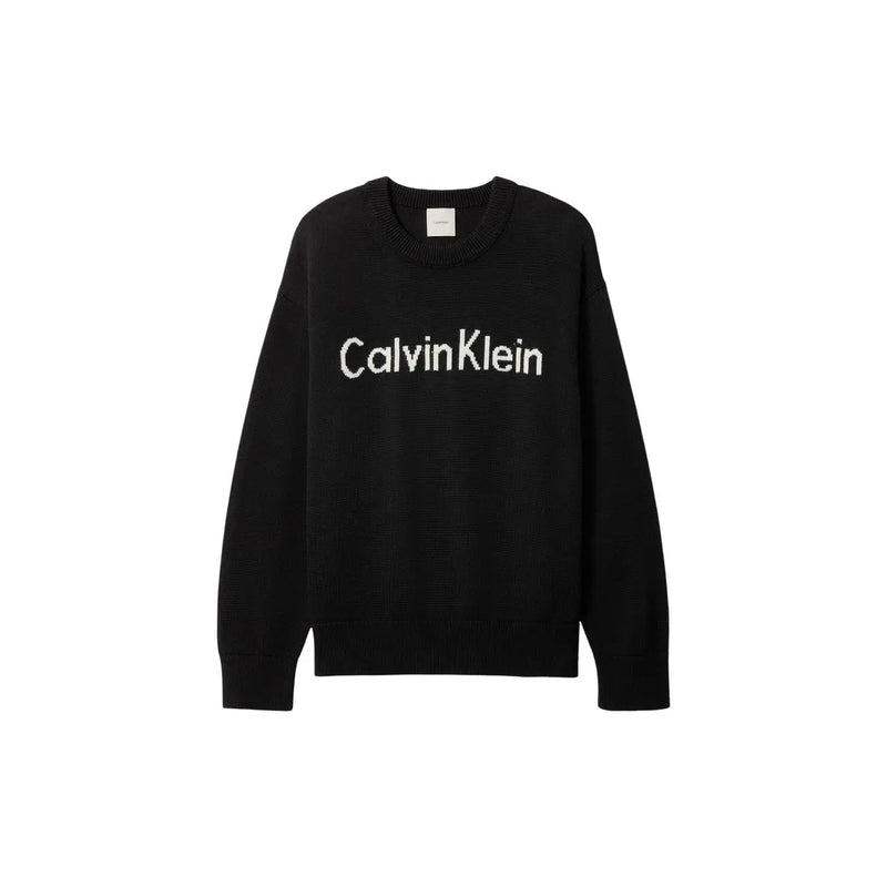 Schwarz Calvin Klein Damenstrickpullover mit weißem, gesticktem Logo, Rundhalsausschnitt, aus Baumwolle