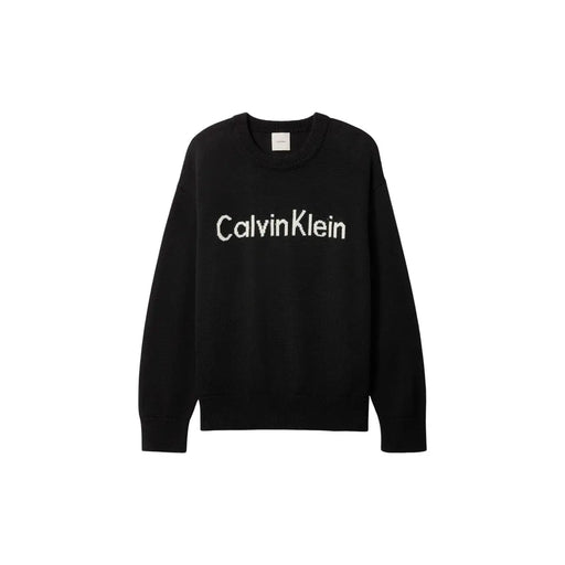 Schwarz Calvin Klein Damenstrickpullover mit weißem, gesticktem Logo, Rundhalsausschnitt, aus Baumwolle