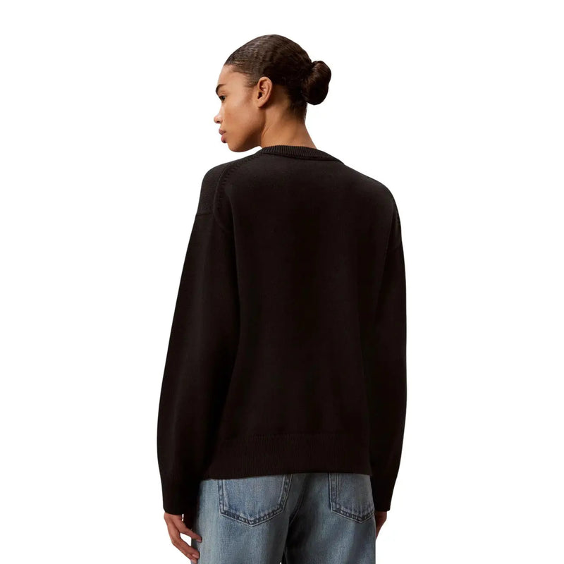 Schwarzer Calvin Klein Damen-Strickpullover aus Baumwolle mit Rundhalsausschnitt, geripptem Halsausschnitt und Bündchen, Vorderansicht