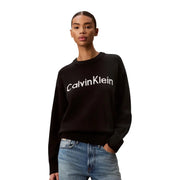 Schwarzes Calvin Klein Damen-Sweatshirt aus Baumwolle mit weißem, gesticktem Logo und Rundhalsausschnitt