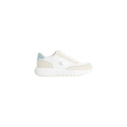 Calvin Klein women leather sneakers beige lace up with white accents and light blue heel tab shown from the back side