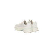 Back view of cream-colored mesh and synthetic leather calvin klein women leather sneakers with chunky sole and branding