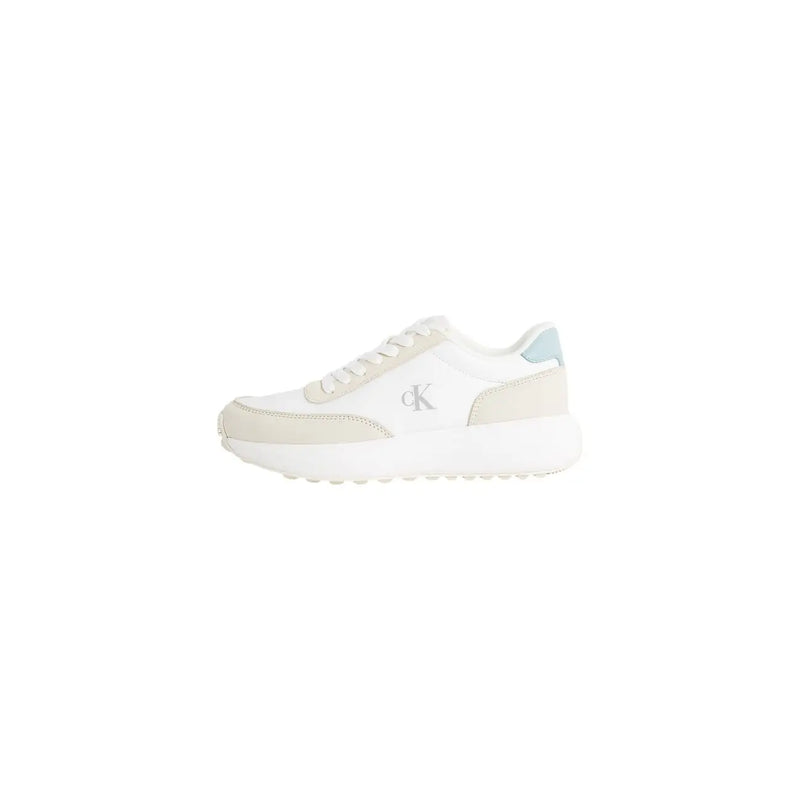 Calvin Klein women leather sneakers beige lace up with white and light beige colors and mint green heel accent