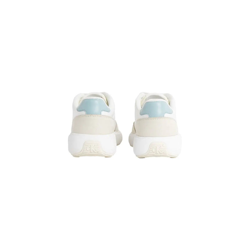 Calvin Klein women leather sneakers beige lace up with white and light blue chunky sole design