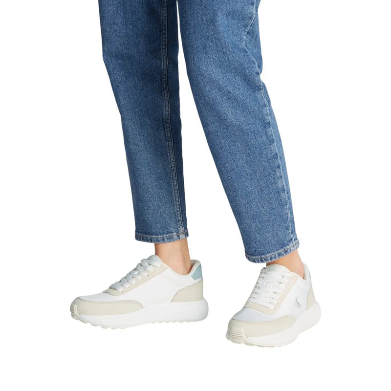 Calvin Klein women leather sneakers beige lace up low-top with white and beige leather and light blue heel accent