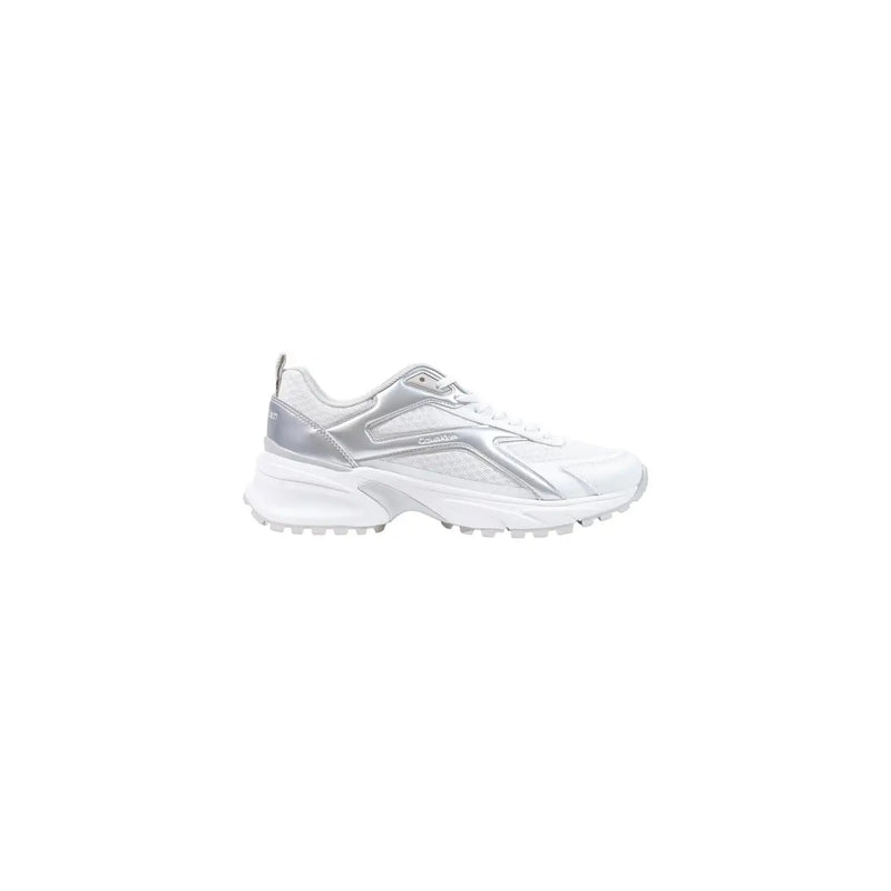 Calvin Klein women leather sneakers white with silver reflective accents and chunky sole in geometric design