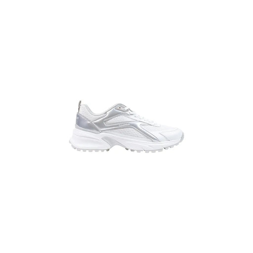 Calvin Klein women leather sneakers white with silver reflective accents and chunky sole in geometric design