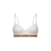 Weißes Calvin Klein Damen-BH-Top mit dünnen Trägern, grauem Logoband und pfirsichfarbenem Besatz aus Baumwoll-Modal-Stretchmaterial