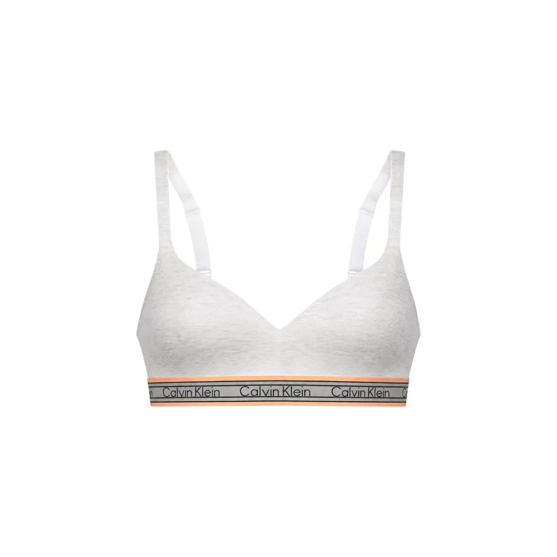 Weißes Calvin Klein Damen-BH-Top mit dünnen Trägern, grauem Logoband und pfirsichfarbenem Besatz aus Baumwoll-Modal-Stretchmaterial