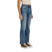 Calvin Klein women light blue high-waisted denim jeans with faded wash and frayed hem front view