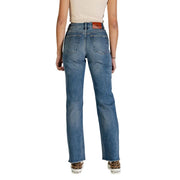 High-rise straight-leg medium-wash blue denim jeans with classic back pockets and brown leather Calvin Klein patch