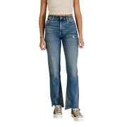 High-rise light blue denim flare jeans by Calvin Klein with distressed faded wash and frayed hems for women