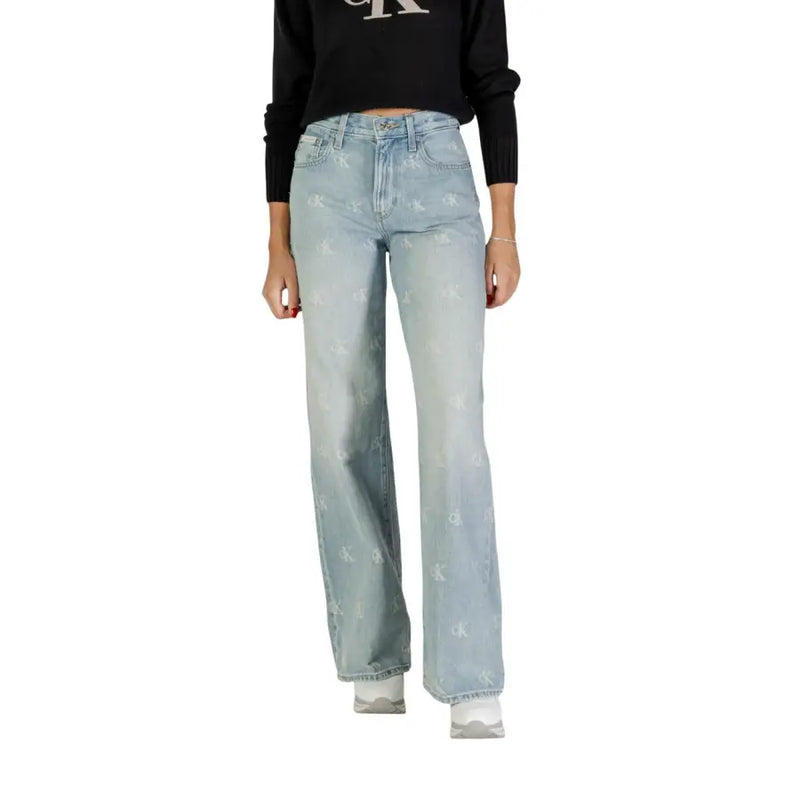 Women’s light blue wide-leg jeans with patterned print and worn-out effect by Calvin Klein