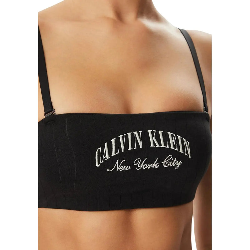 Schwarzer Baumwollstoff, leicht gefüttert Calvin Klein Damen-Bandeau top mit weißer Stickerei Calvin Klein New York City Logo