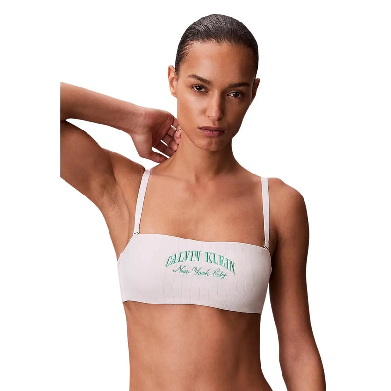 Calvin Klein Damen-Bandeau-BH aus weißer Baumwolle mit leichtem Futter, dünnen Trägern und grünem, gesticktem Logo