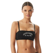 Calvin Klein Schwarzer, leicht gefütterter Baumwoll-Bandeau-BH für Damen mit weißer New York City-Schriftzugstickerei.