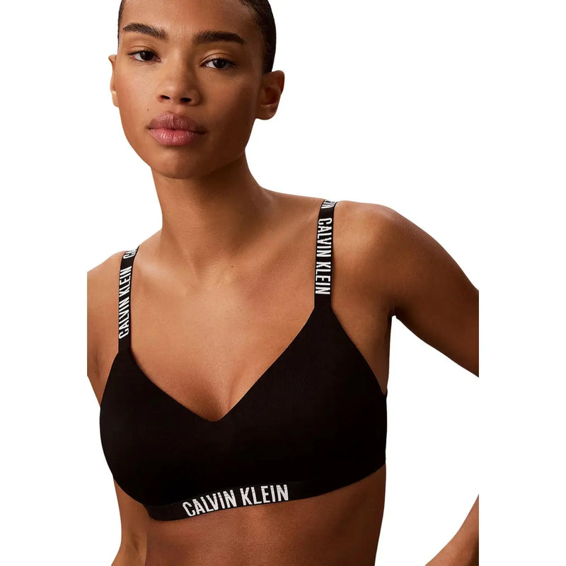 Schwarzes, leicht gefüttertes Polyester-Bralette von Calvin Klein mit weißen Logobändern an Trägern und Unterbrustband für Damen