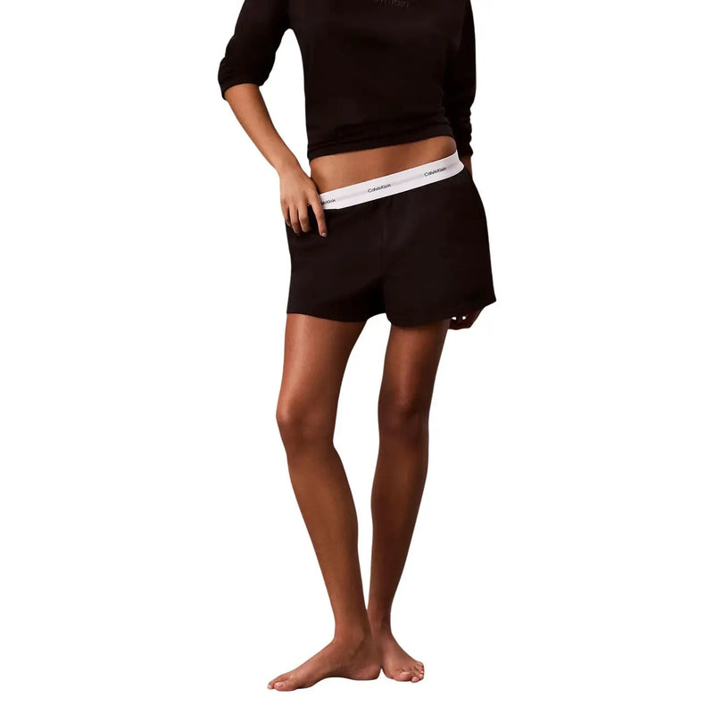 Schwarz Calvin Klein Damen-Pyjamashorts aus Jersey-Baumwolle mit weißem Gummibund und Markenlogo