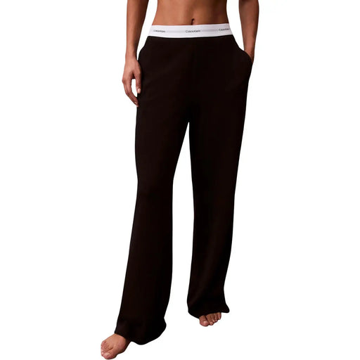Schwarze Calvin Klein Damen-Jerseyhose aus Baumwolle mit weitem Bein und weißem Gummibund mit Markenlogo