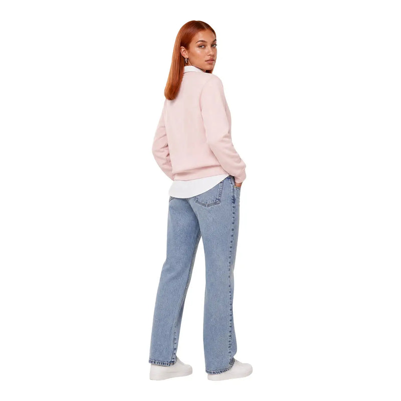Calvin Klein women pink cotton sweatshirt featuring a soft pink long-sleeved relaxed fit worn over a white shirt