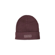 Calvin klein women purple rib cotton beanie with folded cuff and brand label in maroon color