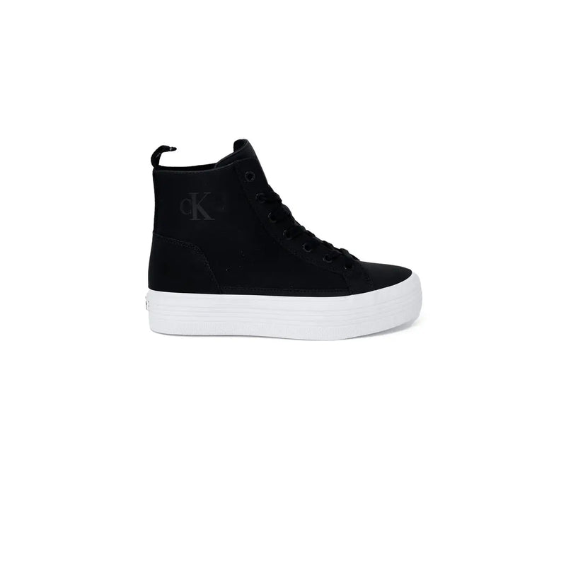 Calvin Klein women black textile high-top sneaker with white platform sole and logo on the side size 4