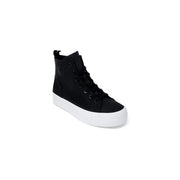 Black textile high-top sneaker with white platform sole and Calvin Klein logo on the side size 4 women’s shoe