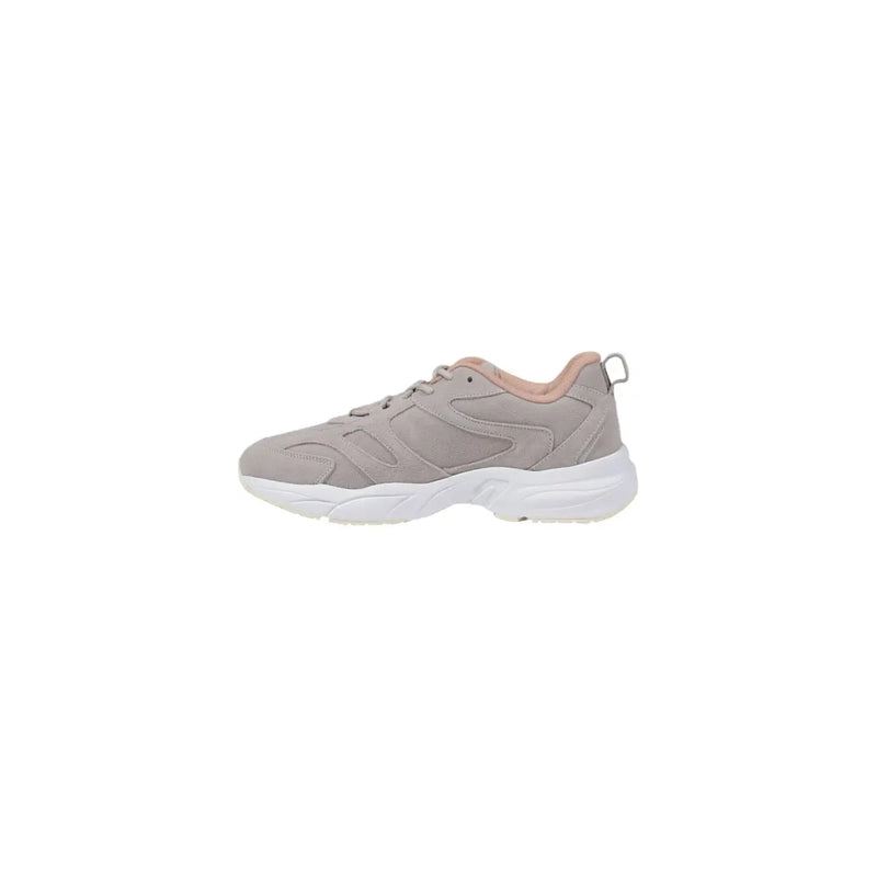 Calvin Klein women sneakers grey synthetic lace up with gray suede upper white rubber sole and light pink lining