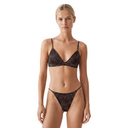 Calvin Klein Damenunterwäsche, brauner Triangel-BH mit Leopardenmuster, ungefüttert, aus schwarzer Leopardenmuster-Spitze mit passendem String-Set