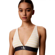 Calvin Klein Damenunterwäsche, leicht gefütterter Triangel-BH in Creme und weißen Streifen mit schwarzem Baumwollband und CK-Logo