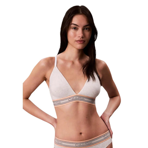 Weißer, leicht gefütterter Triangel-BH von Calvin Klein aus Baumwolle mit pfirsichfarbenem und grauem Logoband für Damenunterwäsche