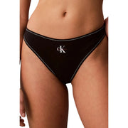Calvin Klein Schwarzer Damen-Polyester-Tanga mit weißen Ziernähten und kleinem CK-Logo auf der Vorderseite