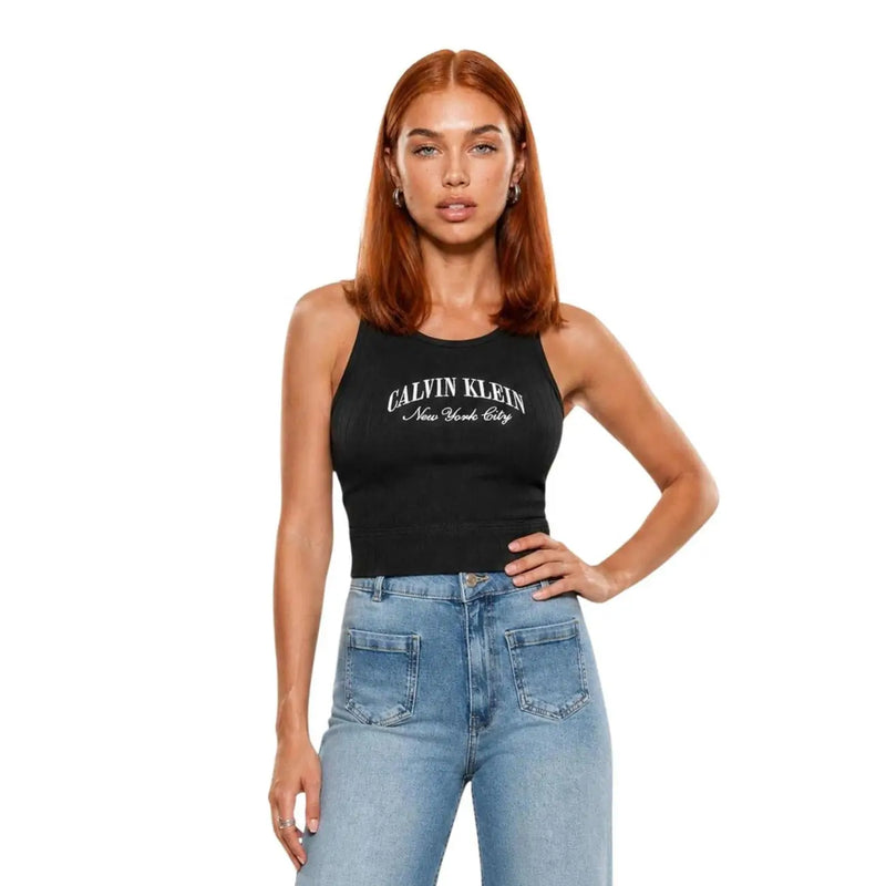Calvin Klein Ungefüttertes Bralette für Damen aus grauem Baumwollmodal mit schwarzem Tanktop top mit New Yorker Stadtstickerei