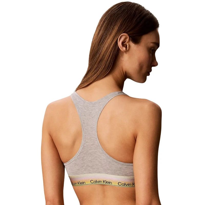 Calvin Klein Ungefütterter Damen-Bralette aus grauem Baumwollmodal mit grau meliertem Stoff und geripptem Bund mit Logo in Schwarz und Gold